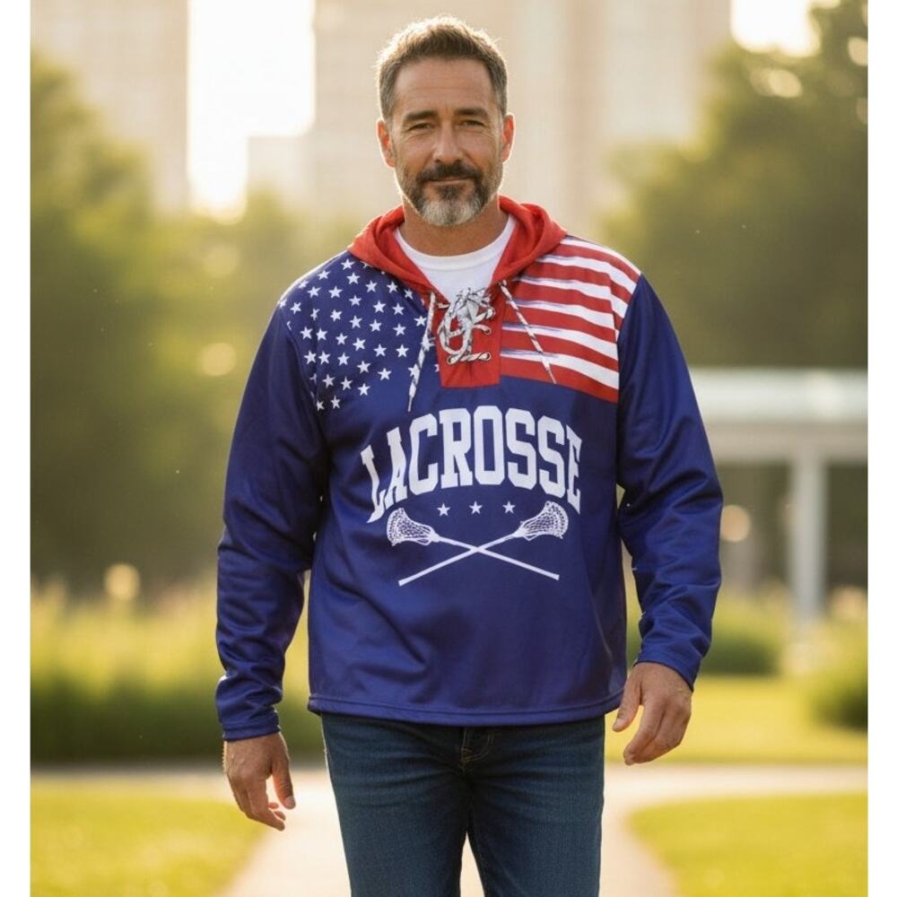 Chalktalk Sports Men's Lacrosse Pullover Hoodie Medium Blue Patriotic Trim